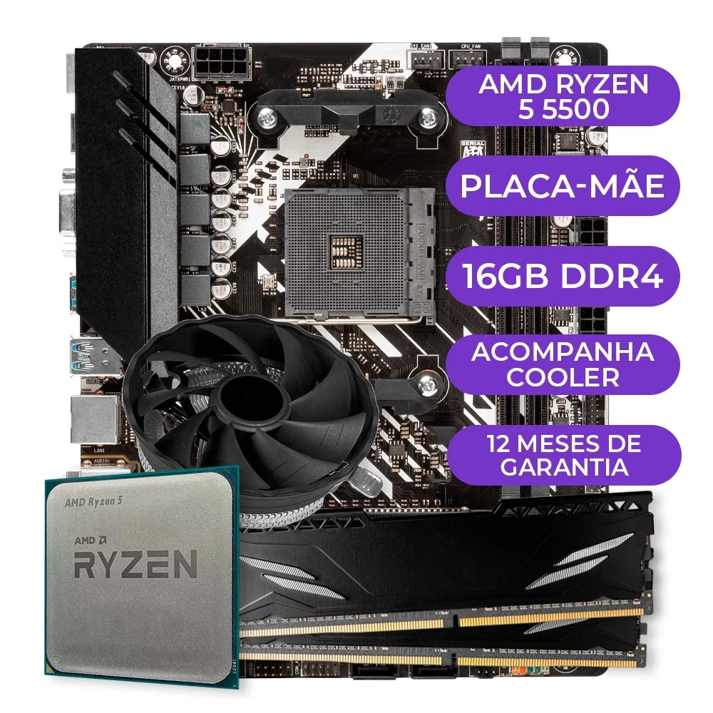 Kit Upgrade Gamer AMD Ryzen 5 5500 com B450M e 16GB